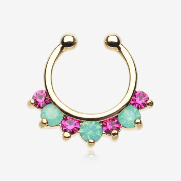 Golden Opalite Sparkle Deuce Fake Septum Clip-On Ring-Green/Fuchsia